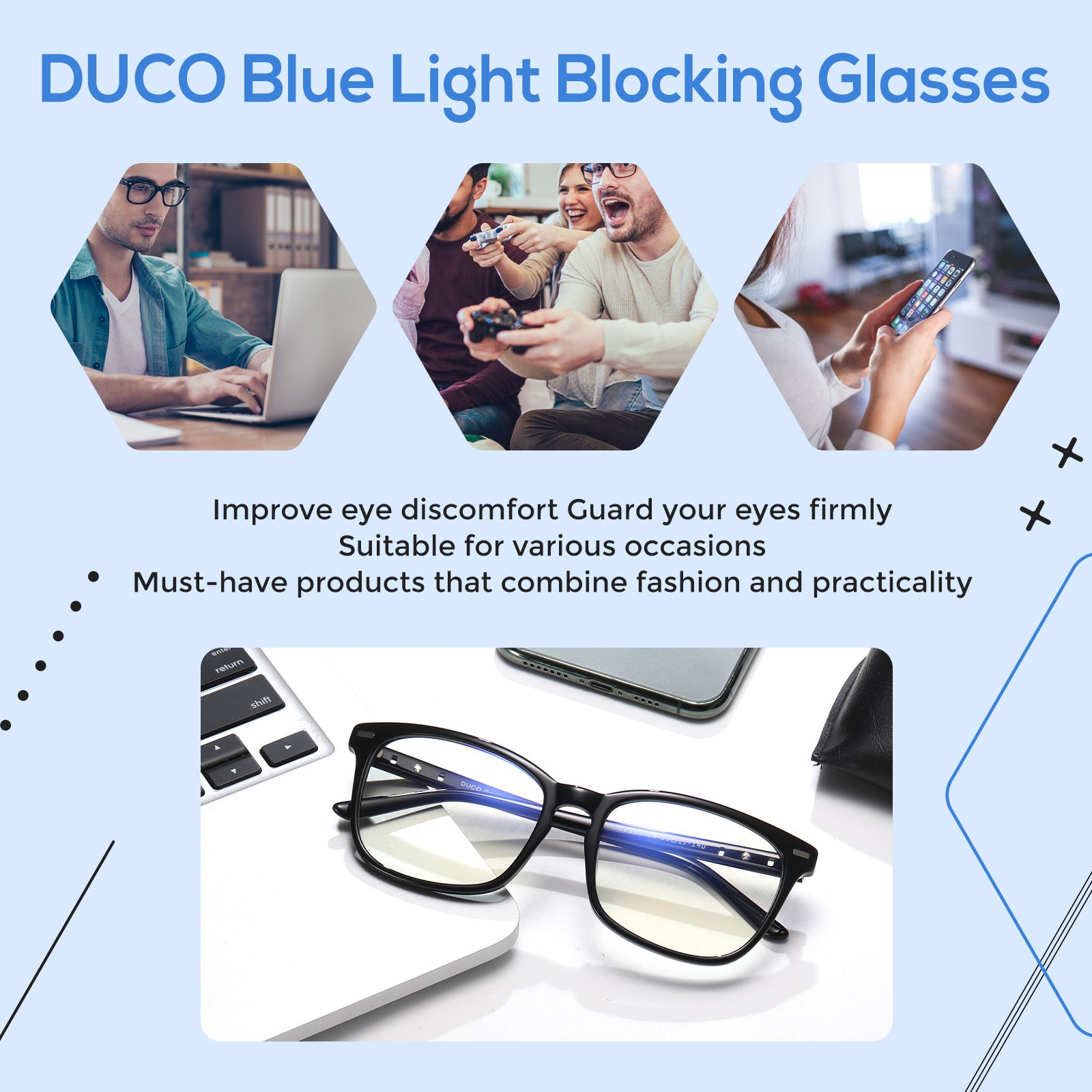 DUCO GLASSES-The right kind of shady Duco Retro Square Blue Light Glasses For Men Blue Ray Blocking Glasses Computer Gaming Glasses Nylon Lens Acetate Frame 8302 Duco 